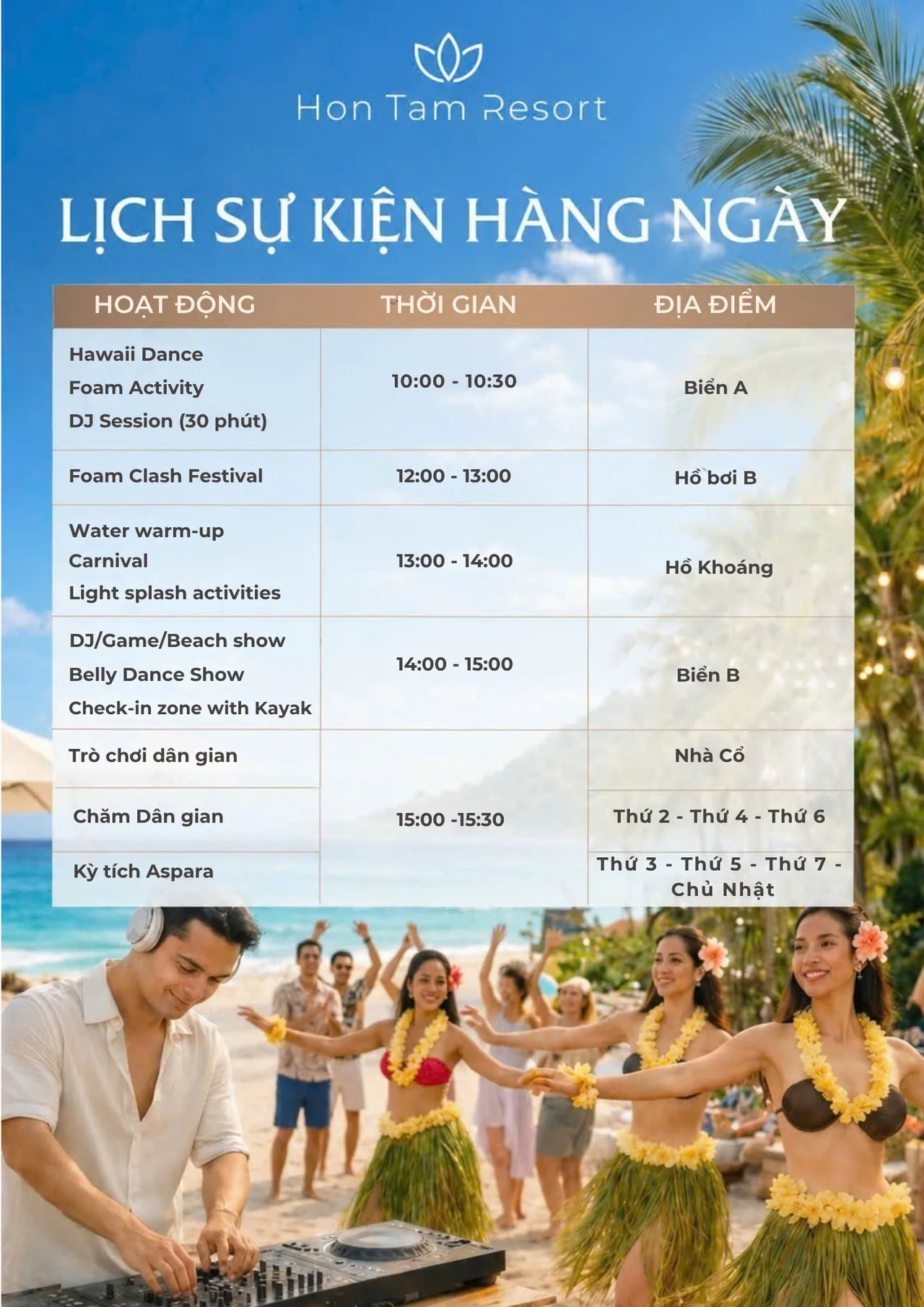 Расписание ежедневных событий Hon Tam Resort: танцы, foam activity, DJ session, beach show и программа у старинного дома